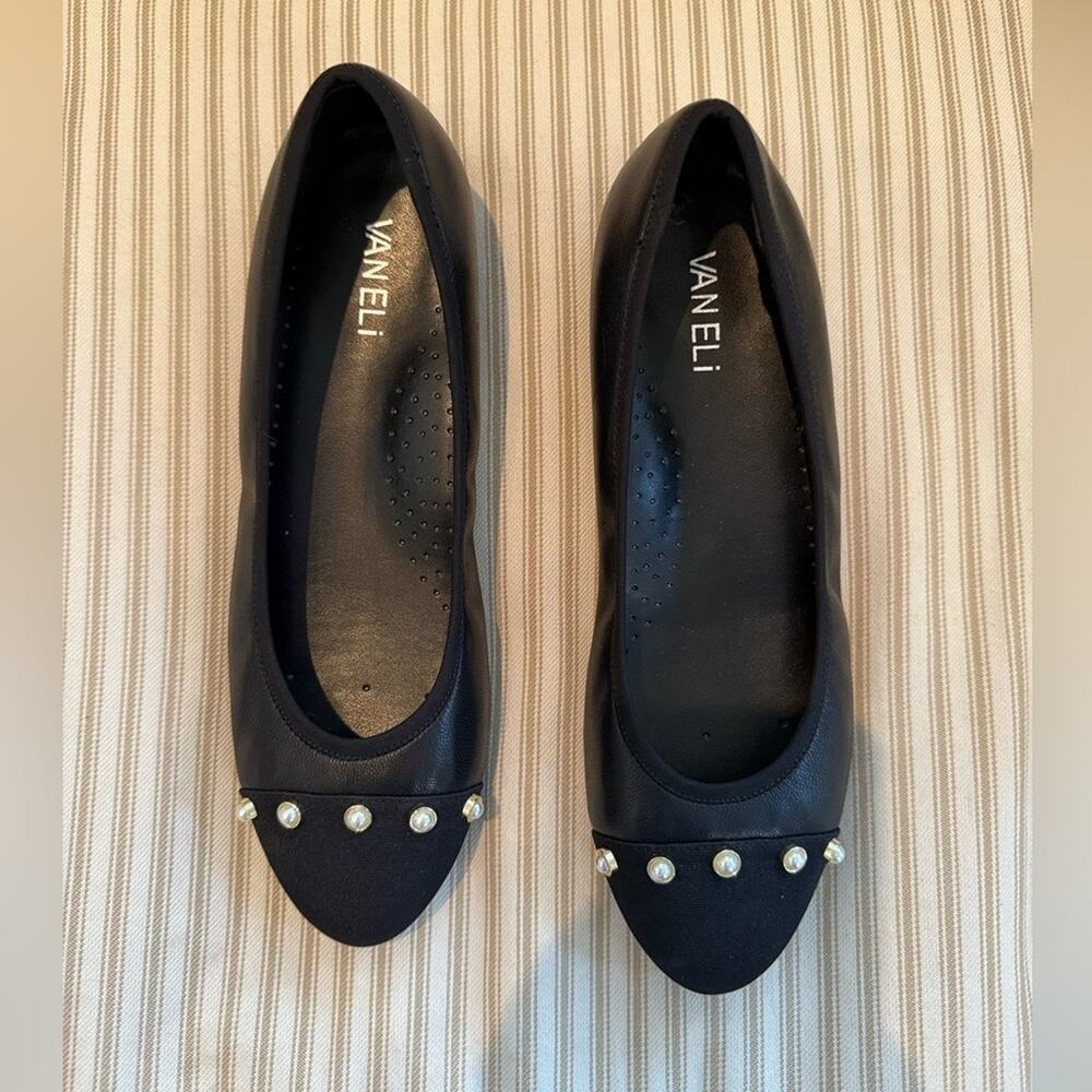 Vaneli Black Leather Ballet Flats with Pearls